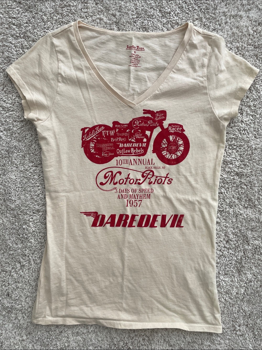 Lucky Brand Cream V-Neck Tee with Red Motorcycle Graphic - Daredevil